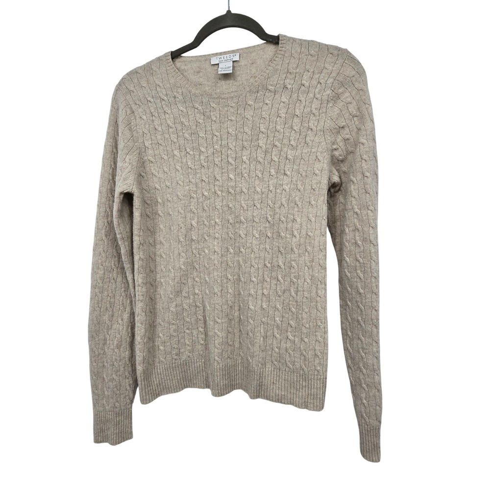 Tweeds Cashmere Sweater Womens L Beige Cable Knit Crewneck Pullover Soft Luxury